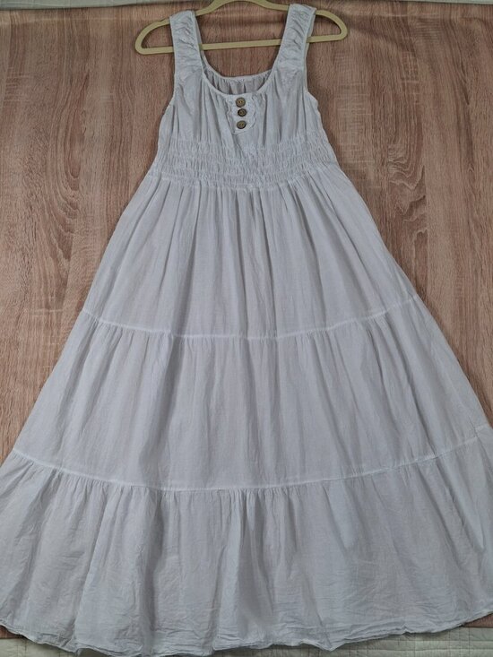 Boho XL White Embroidered Cotton Peasant Tiered Maxi Dress Smocked Stretch Waist - Picture 9 of 13